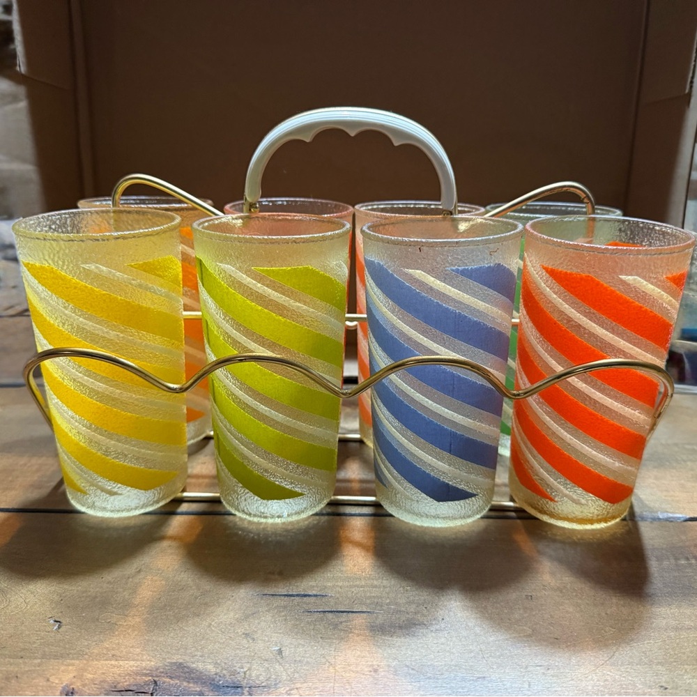 Vintage Mid-Century Modern Striped Barware with Holder
